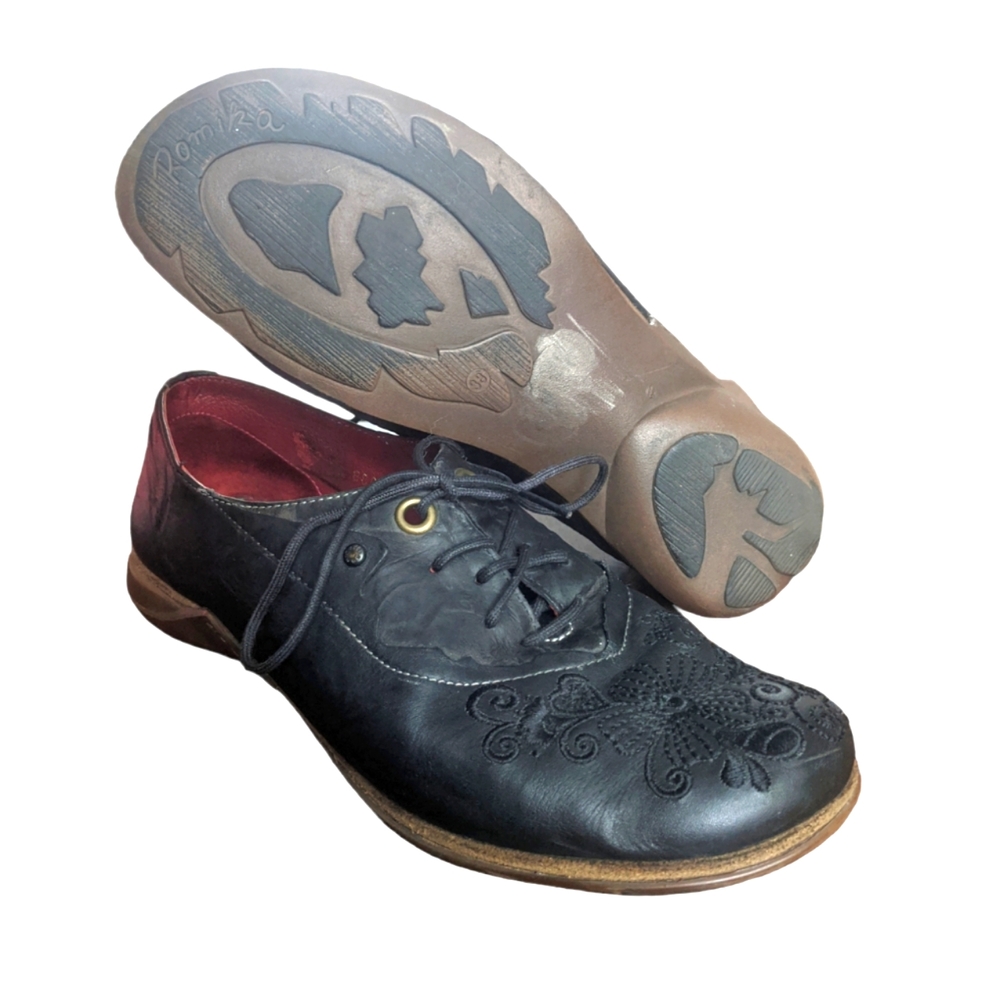 Romika Black Leather Floral Embroidered Lace up Oxford Woman's Shoes 38